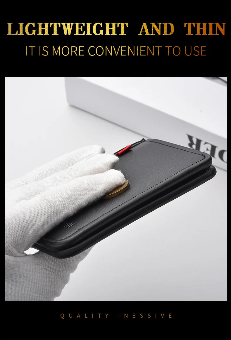 A hand holds a black lightweight and thin credit card wallet against a white background.