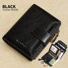 Black classic retro leather wallet shown open with cards and cash inside