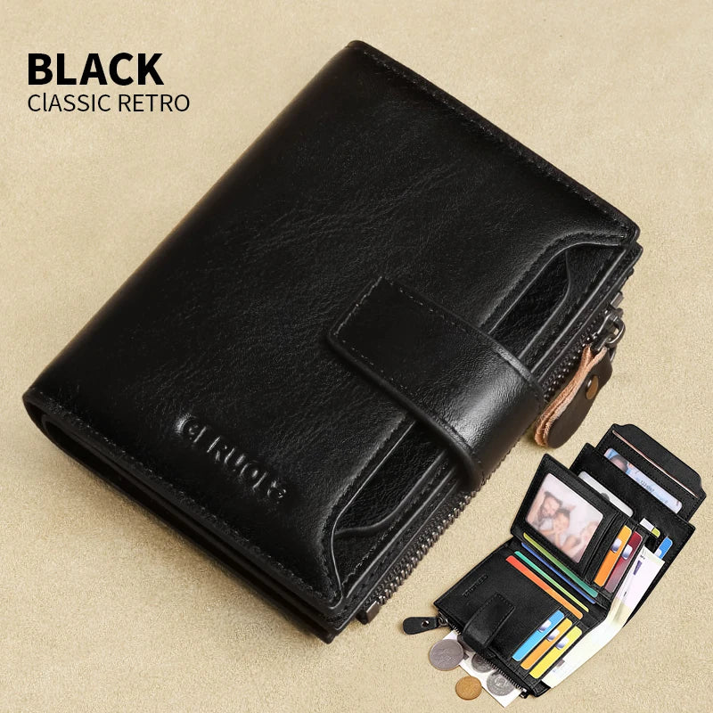 Black classic retro leather wallet shown open with cards and cash inside