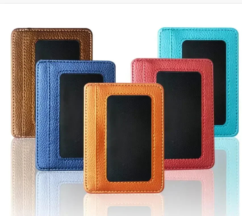 A collection of five slim PU leather mini wallets in various colors including brown, blue, pink, and teal.