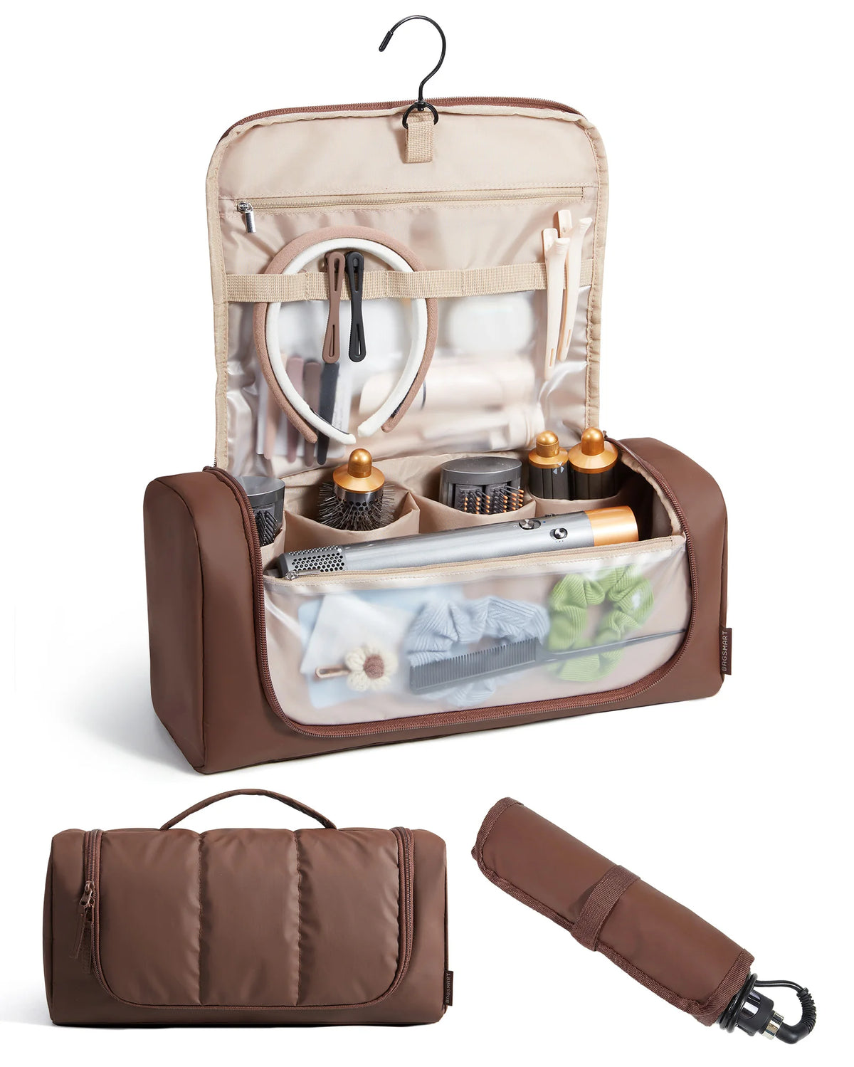 Bolsa de viaje organizadora para herramientas de cabello castaño con gancho colgante, mostrando diversos utensilios y accesor