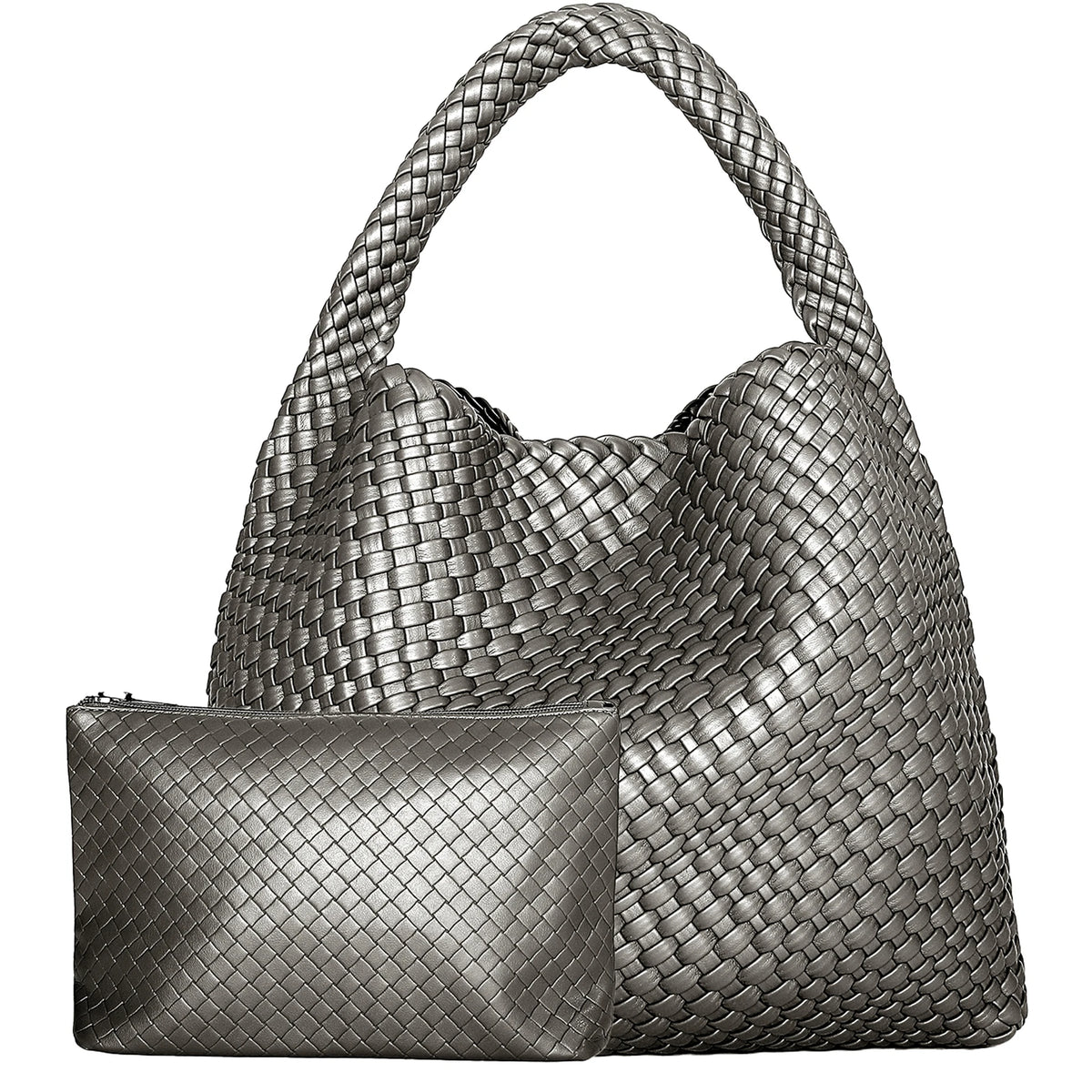 A silver-toned handwoven faux leather tote bag and matching clutch displayed together.