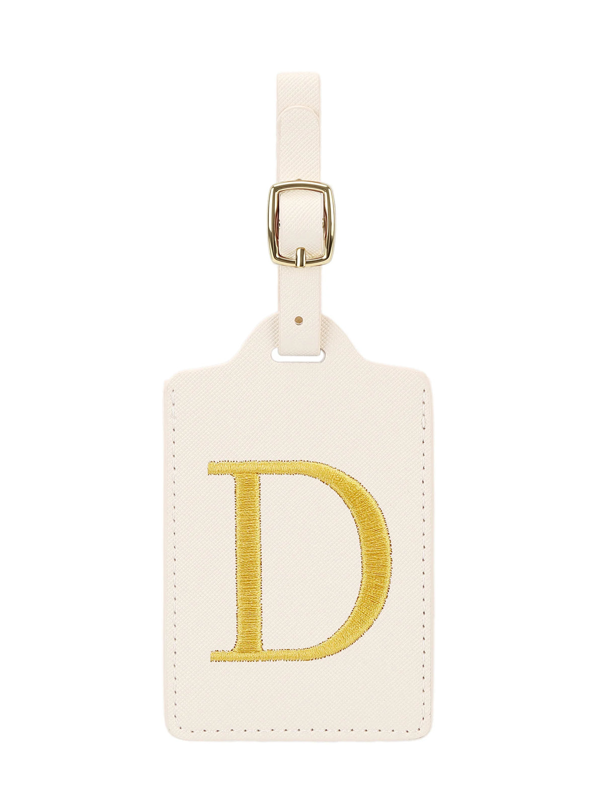 Étiquette de bagage rectangulaire en cuir beige avec une lettre D brodée en or et un clip métallique argenté.