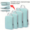Four light blue expandable vertical travel organizer bags shown in various folded and upright configurations.