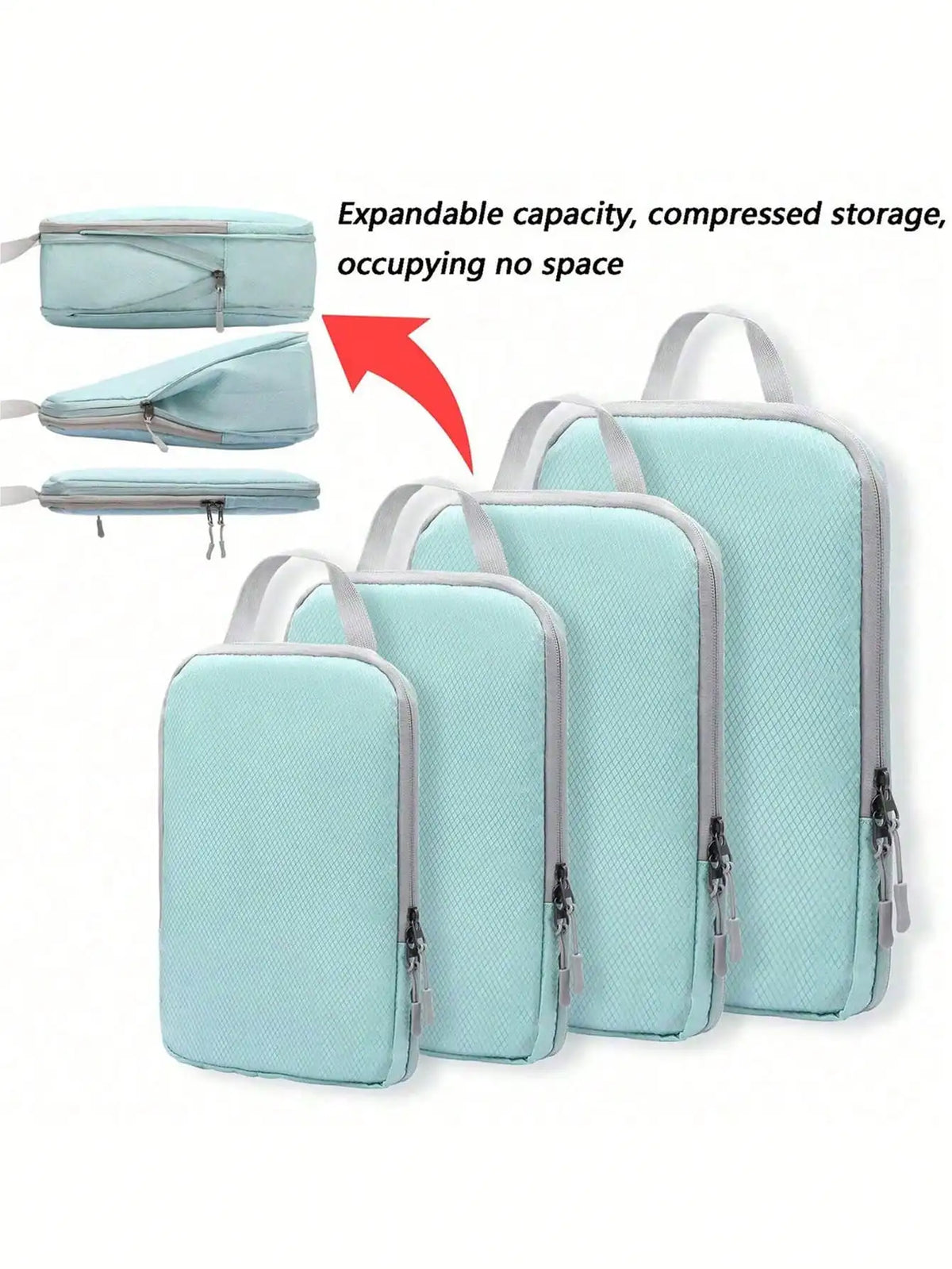 Four light blue expandable vertical travel organizer bags shown in various folded and upright configurations.