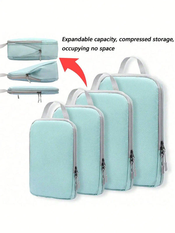 Four light blue expandable vertical travel organizer bags shown in various folded and upright configurations.