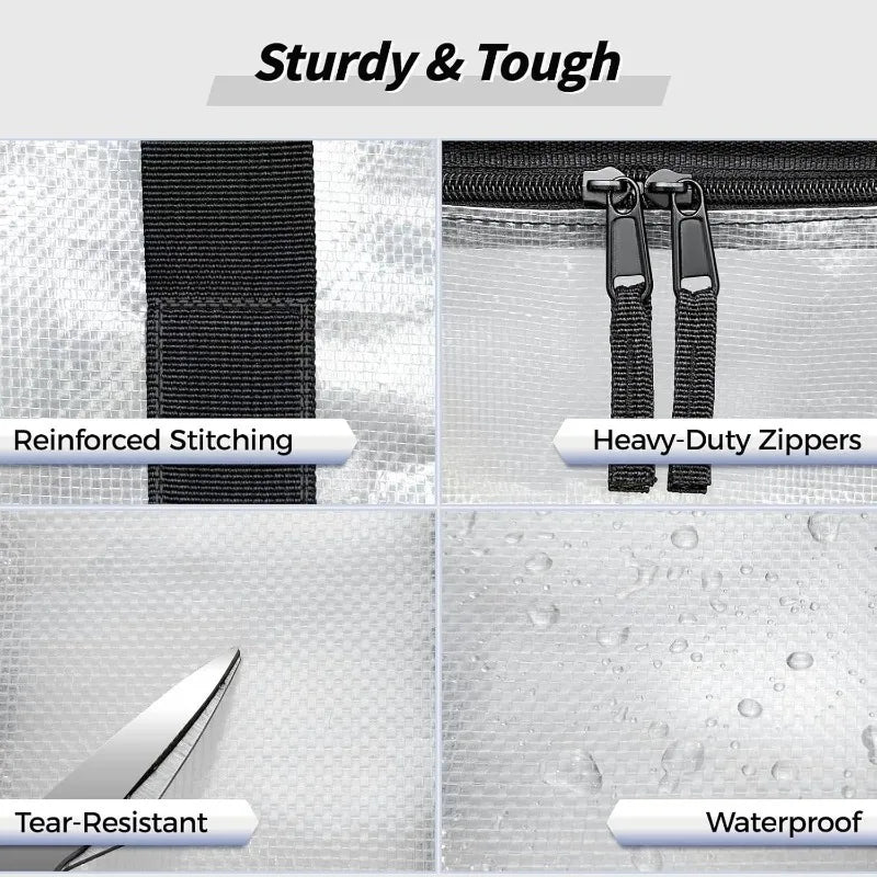 Close-up view of a clear storage bin featuring reinforced stitching, heavy-duty zippers, tear-resistant material, and waterpr