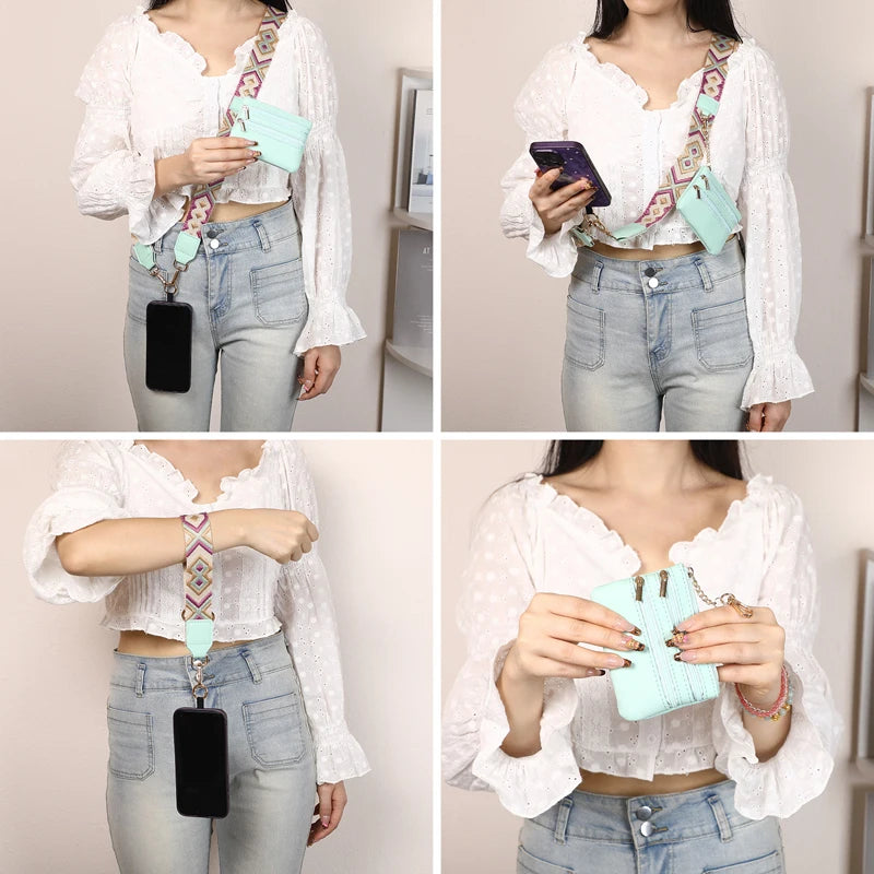 A woman models a white long-sleeved shirt and jeans while holding a black phone attached to a colorful lanyard with a teal le