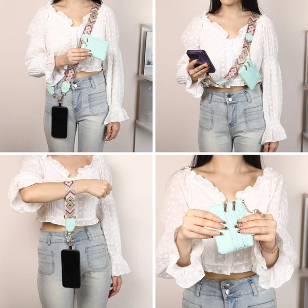 A woman models a white long-sleeved shirt and jeans while holding a black phone attached to a colorful lanyard with a teal le