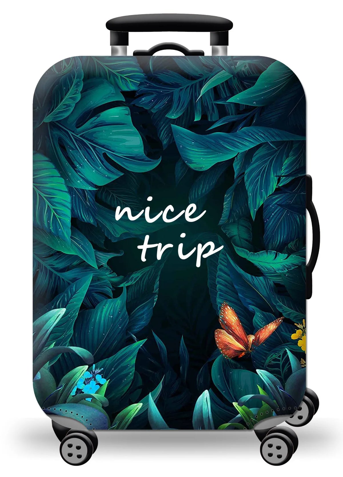 A dark teal and green leaf pattern printed on a black suitcase with wheels.