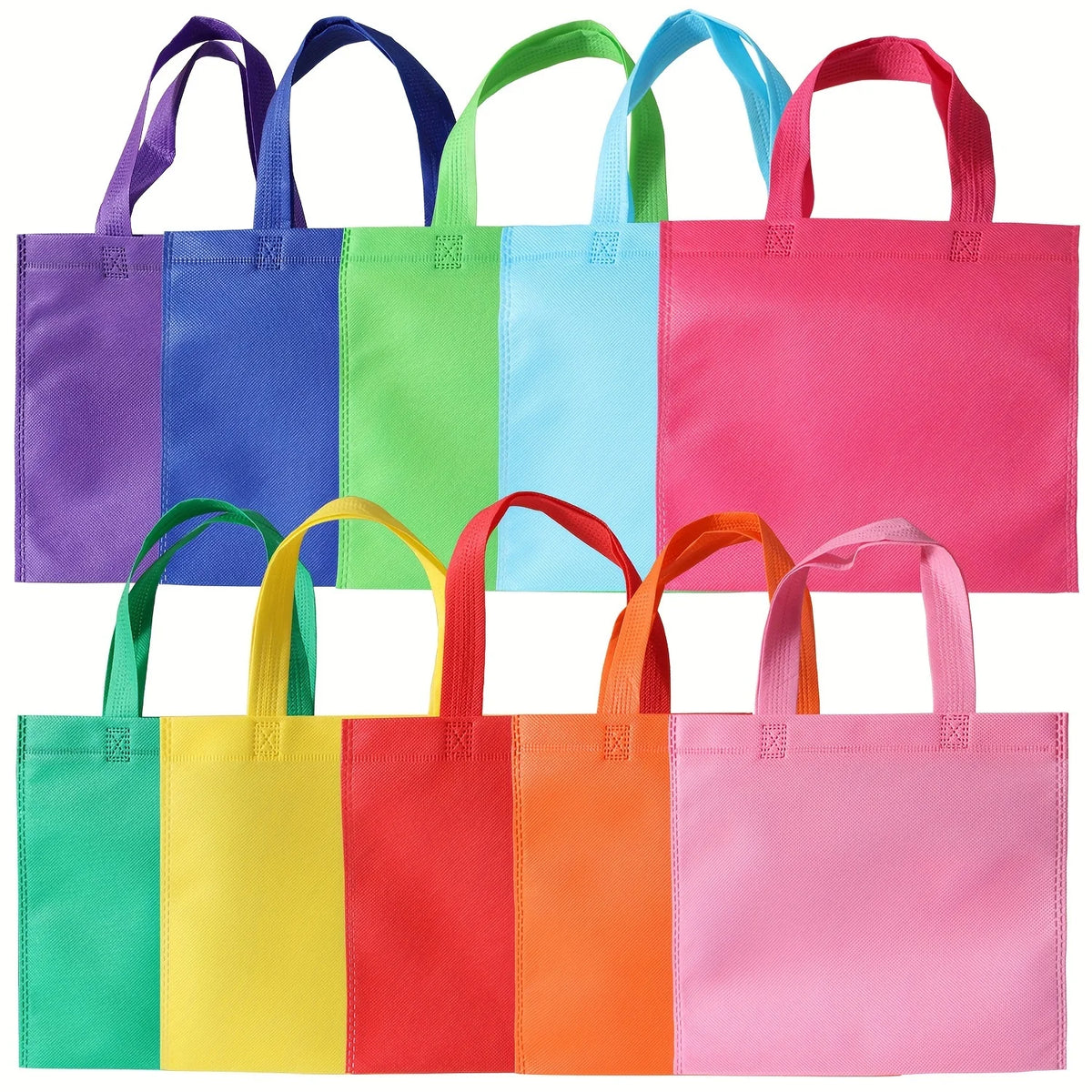 A collection of rainbow colored non-woven tote bags hanging together.