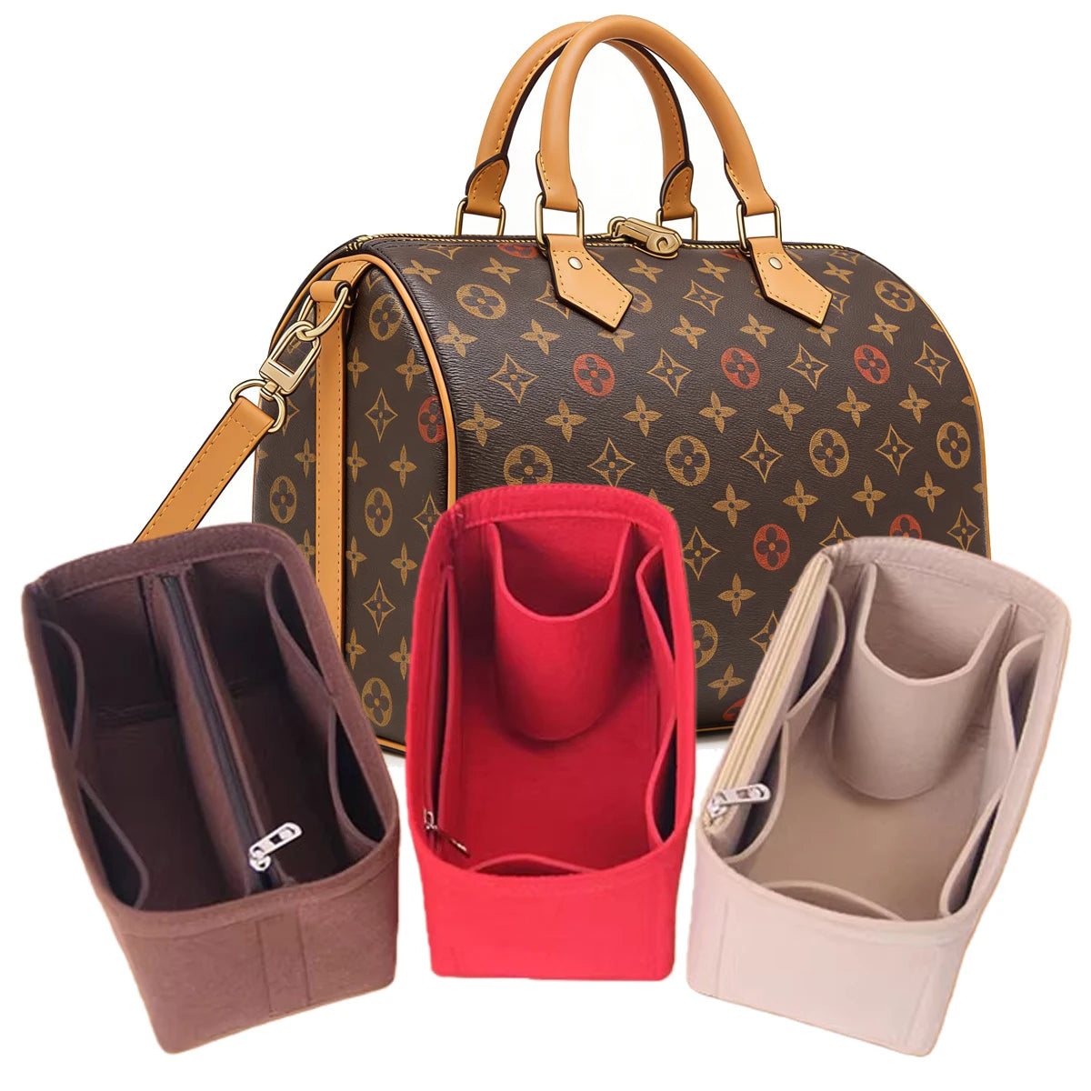 A brown leather handbag with a gold chain strap and three felt purse organizer inserts displayed next to it.
