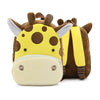 A plush backpack shaped like a giraffe head with brown and yellow coloring.
