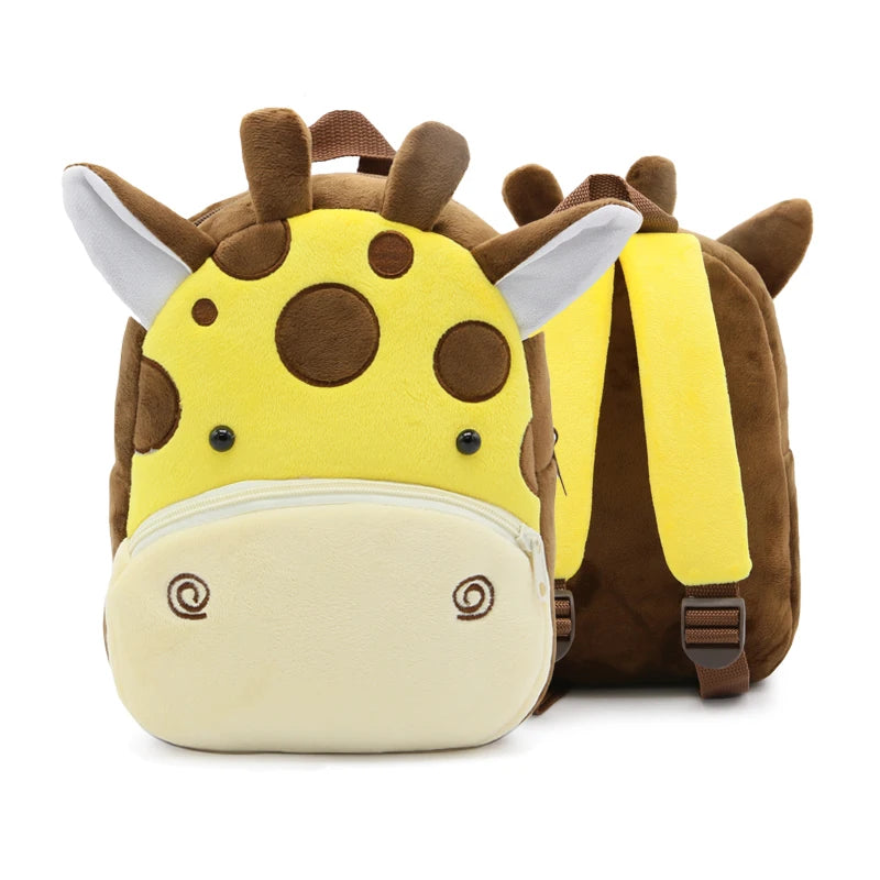 A plush backpack shaped like a giraffe head with brown and yellow coloring.