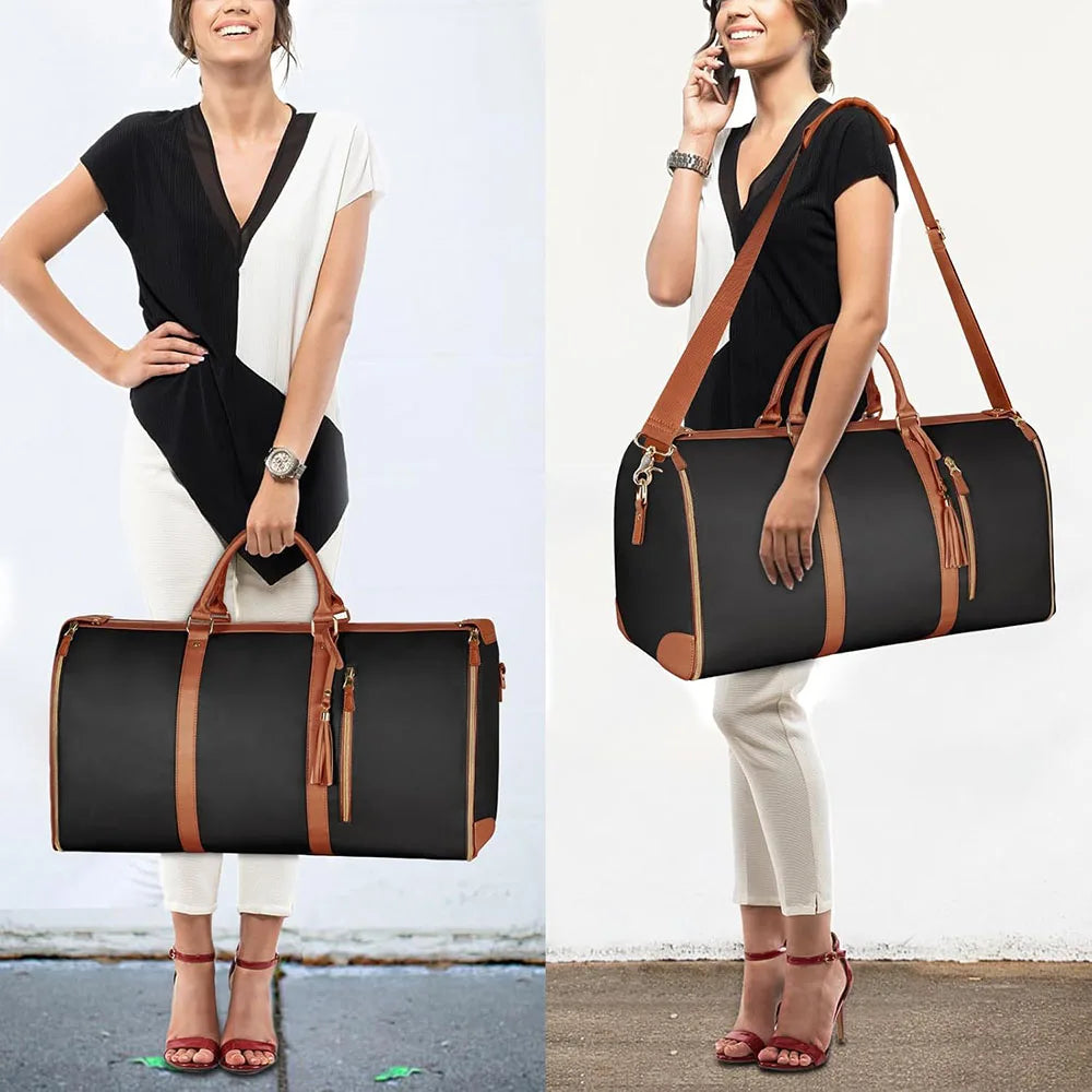 A woman is shown holding a black foldable multi-function garment duffle bag with brown leather accents.