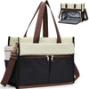 Schwarze isolierte Stoff-Lunchtasche mit braunem Schulterriemen und beigeinterner Tasche.