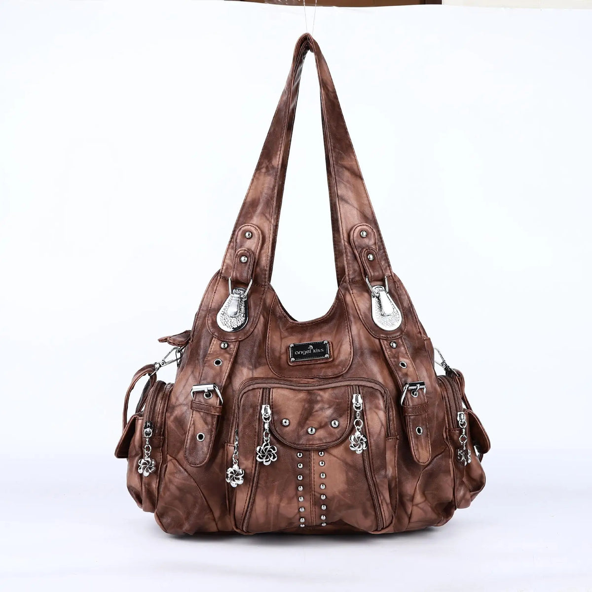 A brown vintage PU leather hobo shoulder bag with silver hardware displayed against a white background.