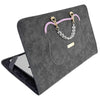 A dark gray slim PU laptop protective case with a purple trim and a silver chain strap.