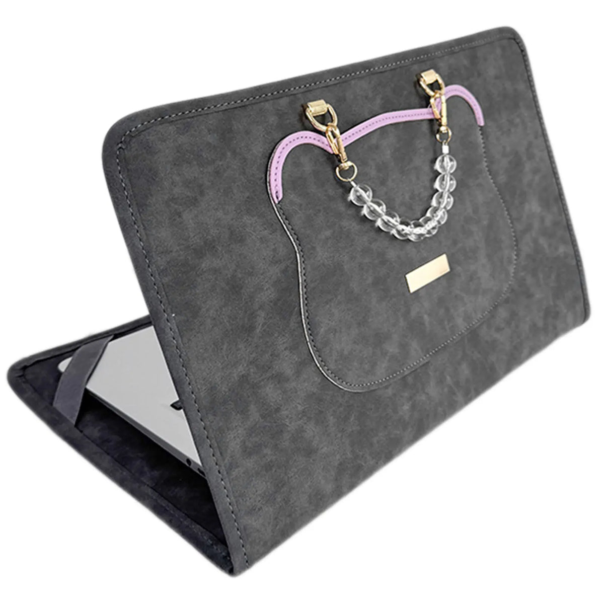 A dark gray slim PU laptop protective case with a purple trim and a silver chain strap.