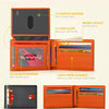 An orange RFID protection wallet shown in various forms, including a clear ID window and a leather trifold design.