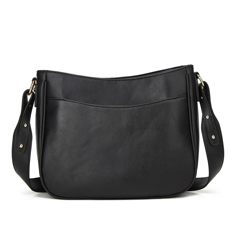 A black PU leather shoulder crossbody bag with a flap and adjustable strap.