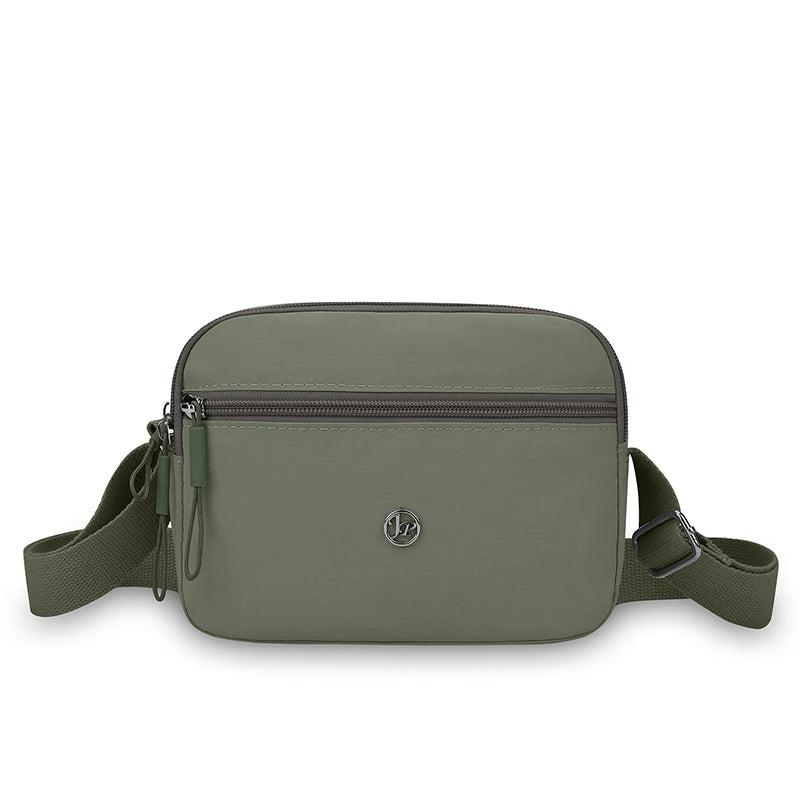A olive green nylon crossbody bag with a zipper and adjustable strap.