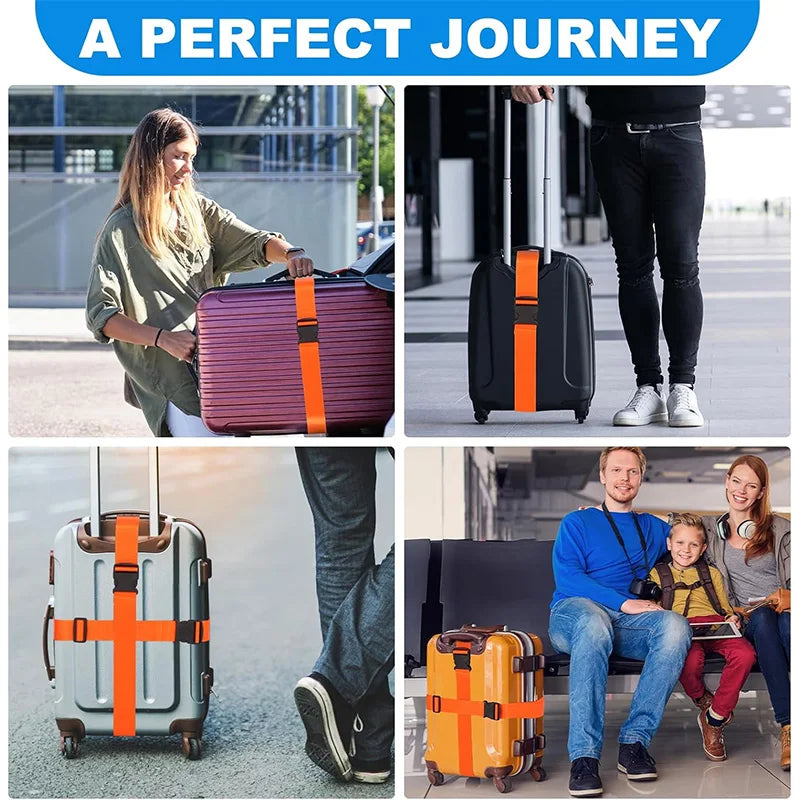 A set of adjustable luggage straps shown on various pieces of luggage and clothing.