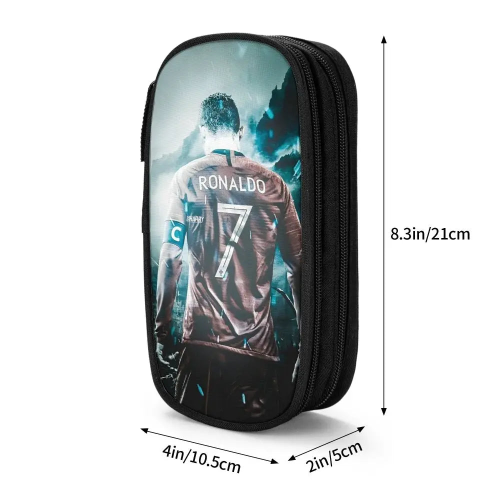 A black zippered pencil case featuring a graphic of Cristiano Ronaldo in a soccer jersey.