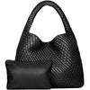 Black handwoven faux leather tote bag and matching clutch