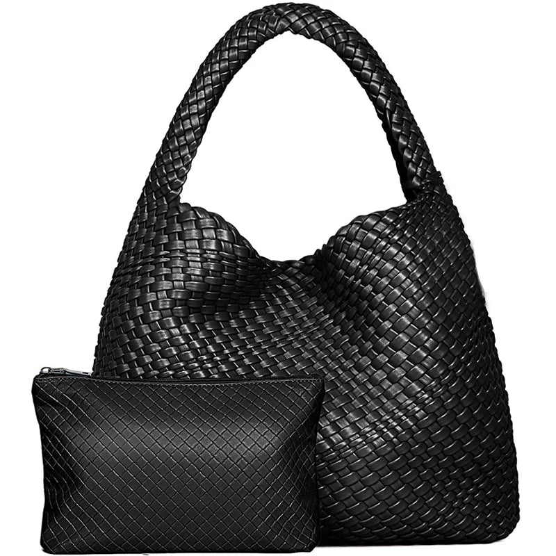 Black handwoven faux leather tote bag and matching clutch
