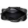 Maleta de viaje retro de cuero negro para motocicleta, abierta con interior oscuro