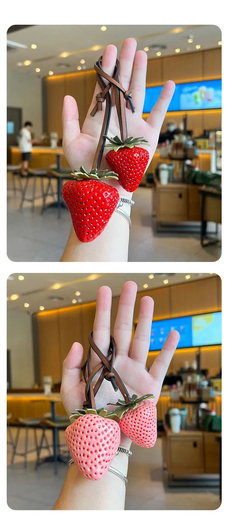 Un charm porte-clés de sac à main en fraise rouge vif, montrant la texture et la couleur vibrante du fruit.