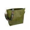 A olive green leather crossbody hobo bag with a patterned strap.