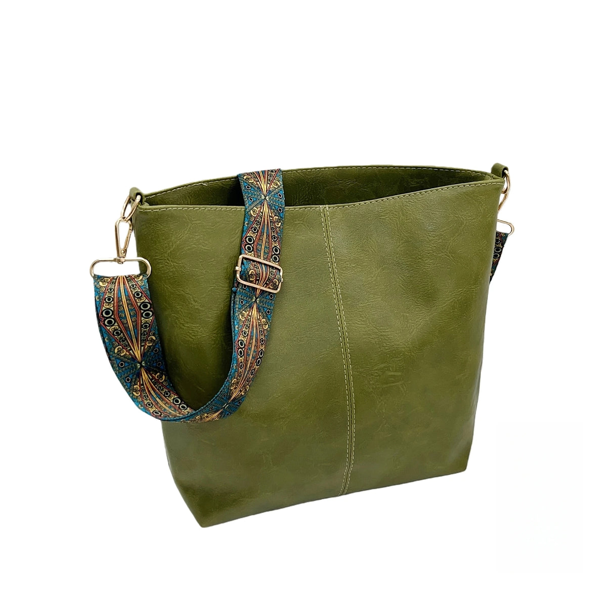 A olive green leather crossbody hobo bag with a patterned strap.