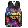 A colorful, paint-splatter patterned backpack featuring a large yellow and black video game controller design.