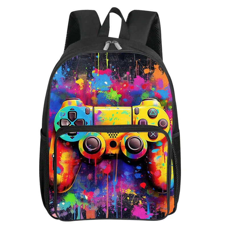 A colorful, paint-splatter patterned backpack featuring a large yellow and black video game controller design.
