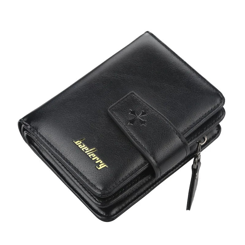 Black vintage PU leather men's card holder wallet with a stitched detail and a gold logo.