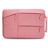 A pink waterproof laptop sleeve designed to protect a MacBook.