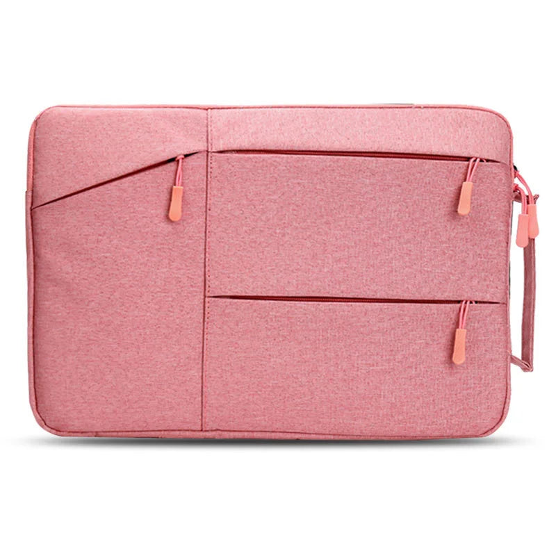 A pink waterproof laptop sleeve designed to protect a MacBook.