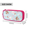 Pink zippered pencil case featuring a light blue background with cute rabbit and cupcake patterns.