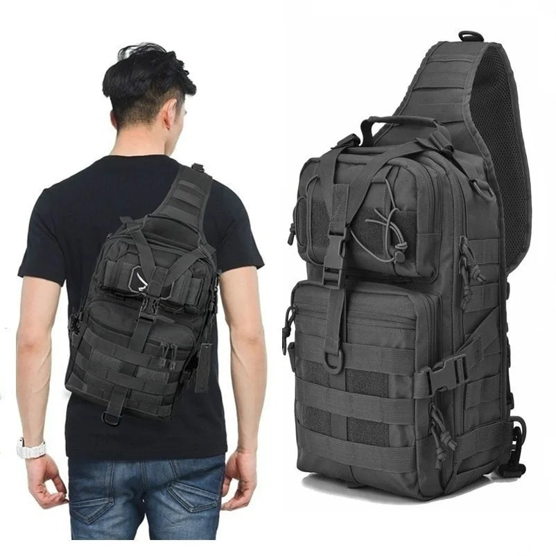 A black versatile sling backpack shown on a person and as a standalone product view.