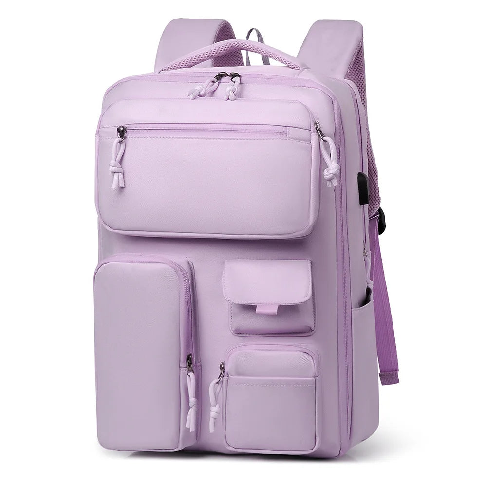 A light purple unisex large capacity travel backpack shown from the front.