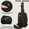 A dark brown sling bag with a breathable honeycomb backboard and detachable hook design shown in detail.