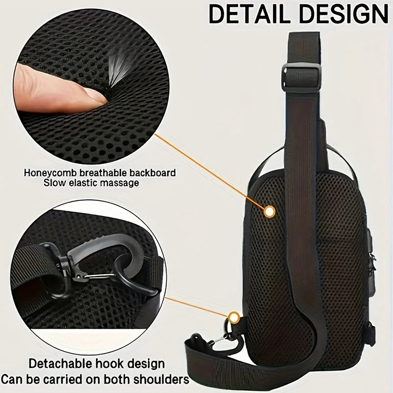 A dark brown sling bag with a breathable honeycomb backboard and detachable hook design shown in detail.