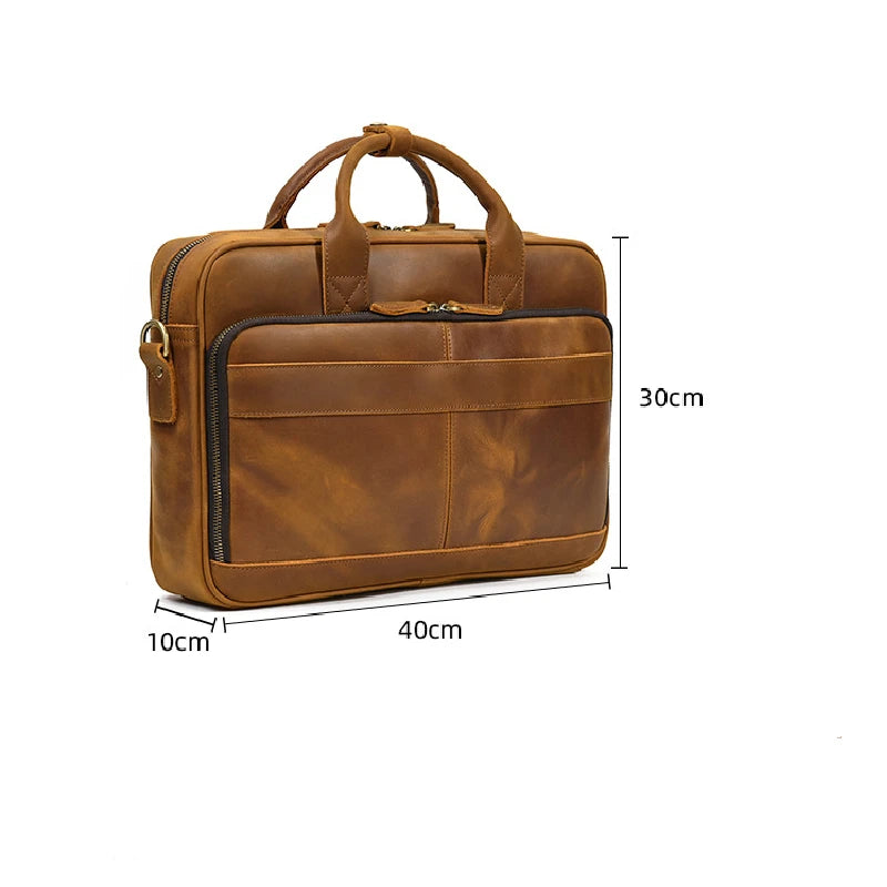 A brown vintage genuine leather briefcase with a handle and stitched details shown from the side.
