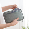A hand is opening a gray multi-pocket waterproof travel document organizer to retrieve a card.