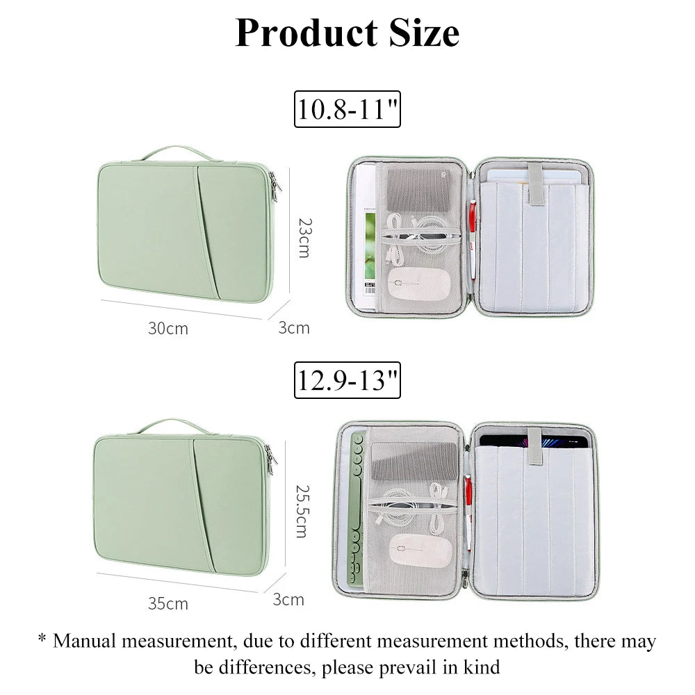 Funda protectora verde para tableta o portátil, mostrada plegada y abierta.