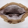 A tan canvas tote bag with a zippered interior lining is shown open.