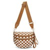 Tan Leder kariertes Crossbody-Tasche mit goldfarbenem Riemen.