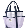 A light purple mesh beach tote bag with dark blue handles and trim.